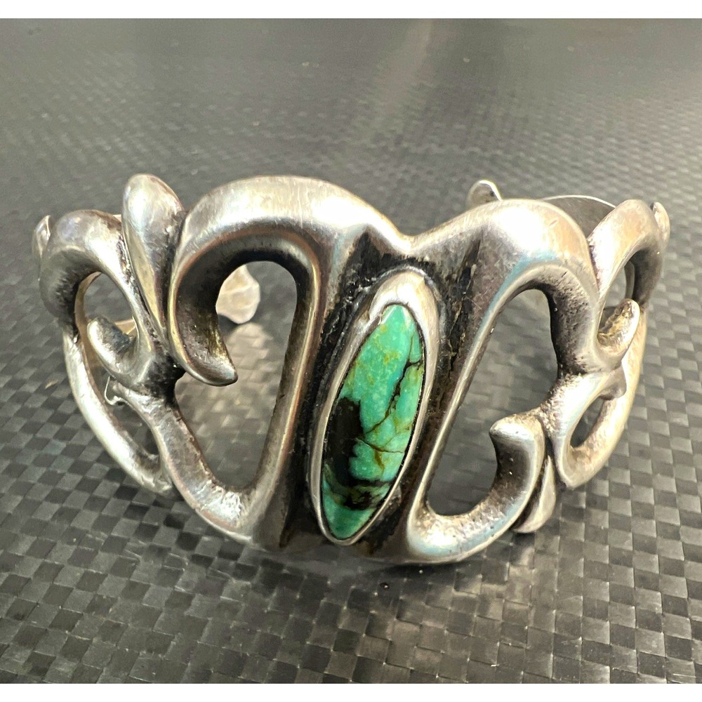 Vintage Navajo Sterling Silver Turquoise Sandcast Openwork Cuff Bracelet 37.1g